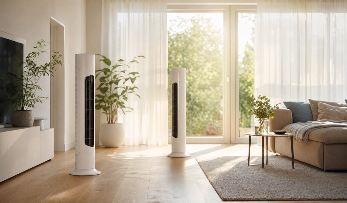 Helles Wohnzimmer mit Turmventilatoren an einem heissen Sommertag