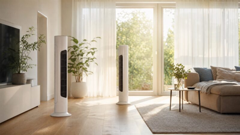 Helles Wohnzimmer mit Turmventilatoren an einem heissen Sommertag