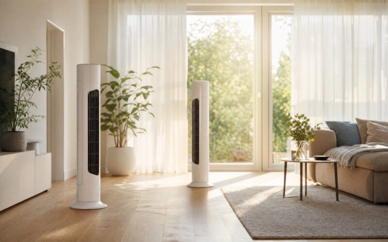 Helles Wohnzimmer mit Turmventilatoren an einem heissen Sommertag