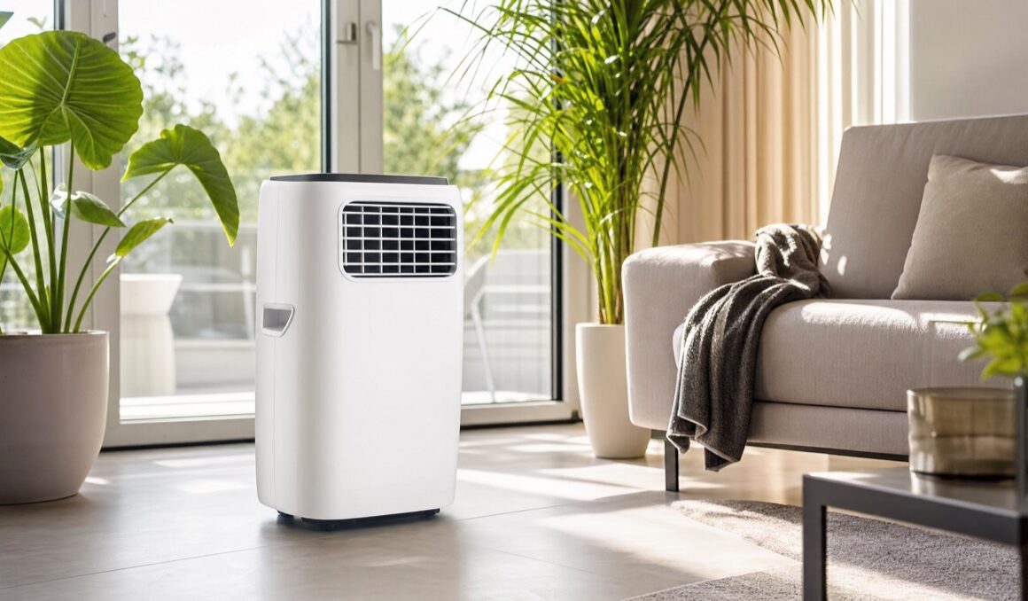 Mobiles Klimageraet in einem hellen Wohnzimmer an einem Sommertag