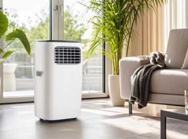 Mobiles Klimageraet in einem hellen Wohnzimmer an einem Sommertag