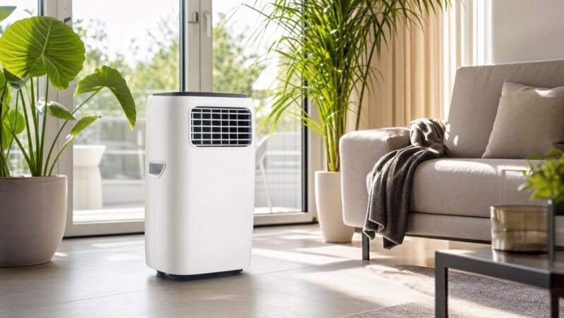 Mobiles Klimageraet in einem hellen Wohnzimmer an einem Sommertag