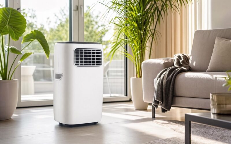 Mobiles Klimageraet in einem hellen Wohnzimmer an einem Sommertag