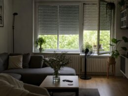 Angenehm kuehles, beschattetes Wohnzimmer an einem heissen Sommertag
