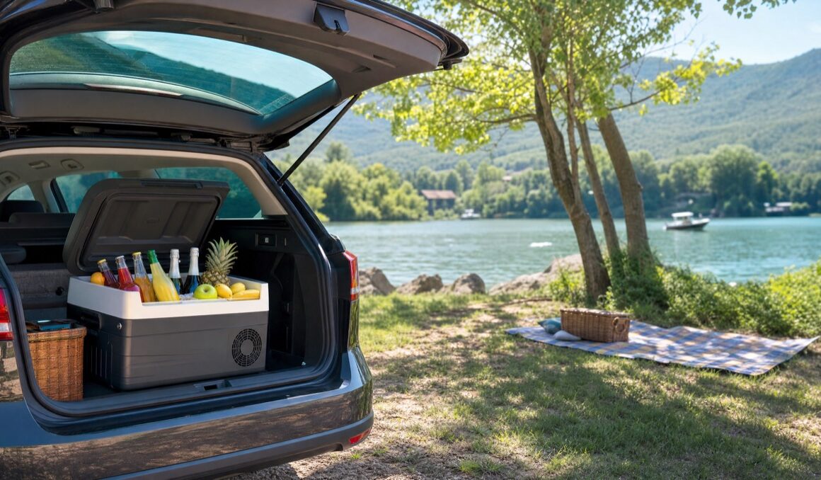 Sommerausflug am See mit elektrischer Kuehlbox im Kofferraum