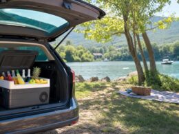 Sommerausflug am See mit elektrischer Kuehlbox im Kofferraum