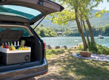 Sommerausflug am See mit elektrischer Kuehlbox im Kofferraum