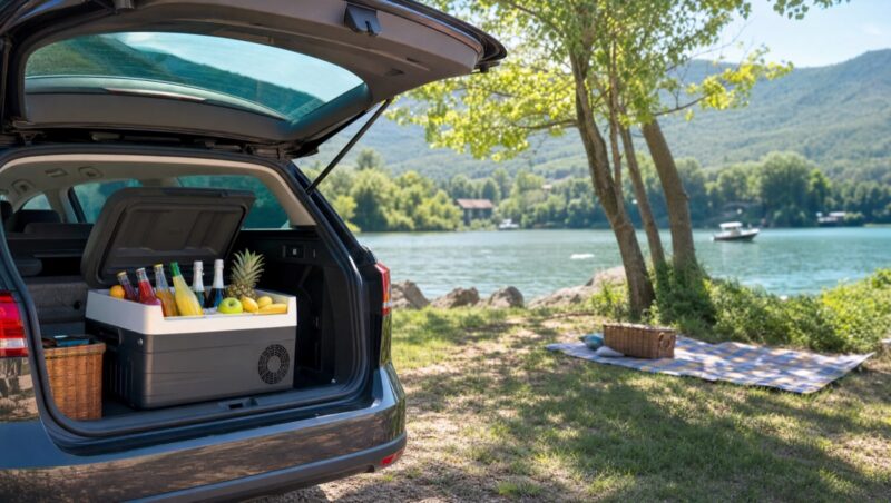 Sommerausflug am See mit elektrischer Kuehlbox im Kofferraum