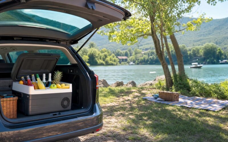 Sommerausflug am See mit elektrischer Kuehlbox im Kofferraum