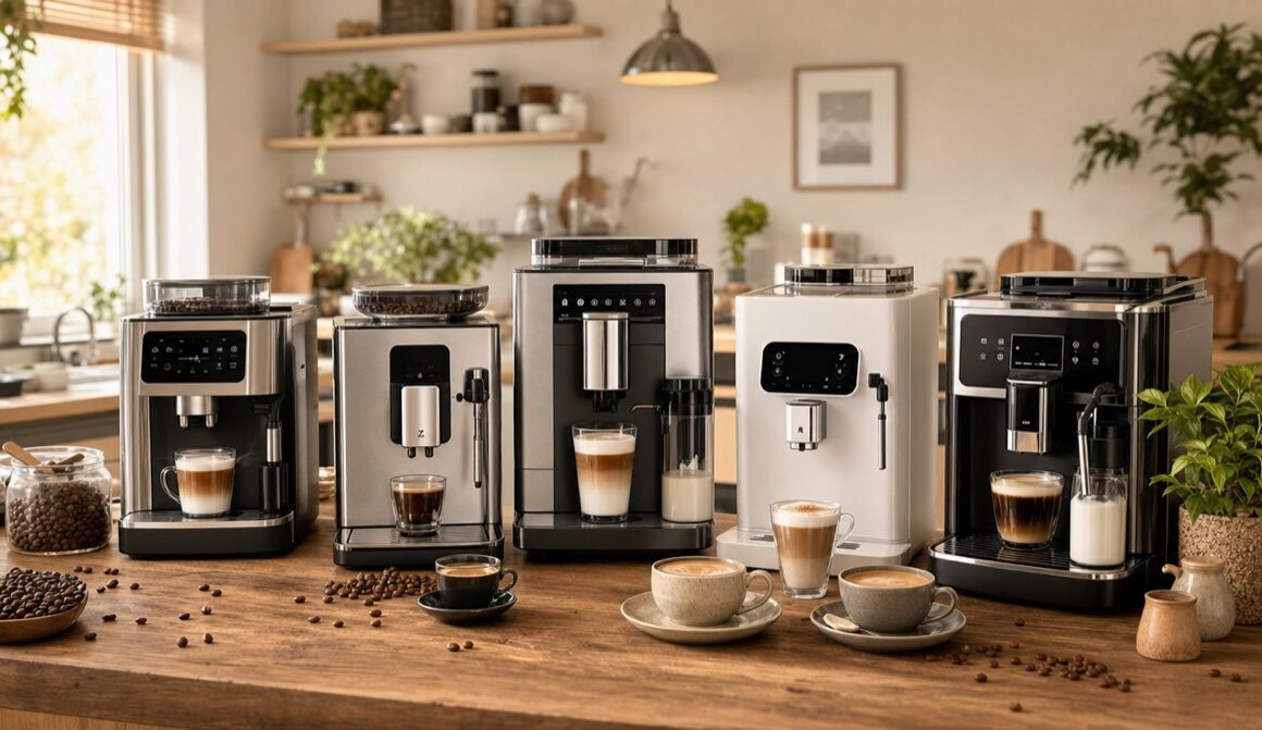 Fünf Kaffeevollautomaten gemeinsam auf einem Küchentisch mit Kaffeetassen
