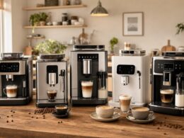 Fünf Kaffeevollautomaten gemeinsam auf einem Küchentisch mit Kaffeetassen