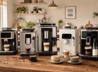 Fünf Kaffeevollautomaten gemeinsam auf einem Küchentisch mit Kaffeetassen