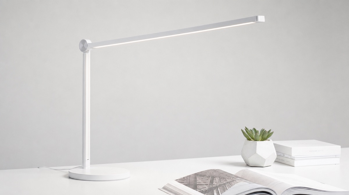 Minimalistische weiße LED-Schreibtischlampe mit schlankem Aluminium-Lichtbalken