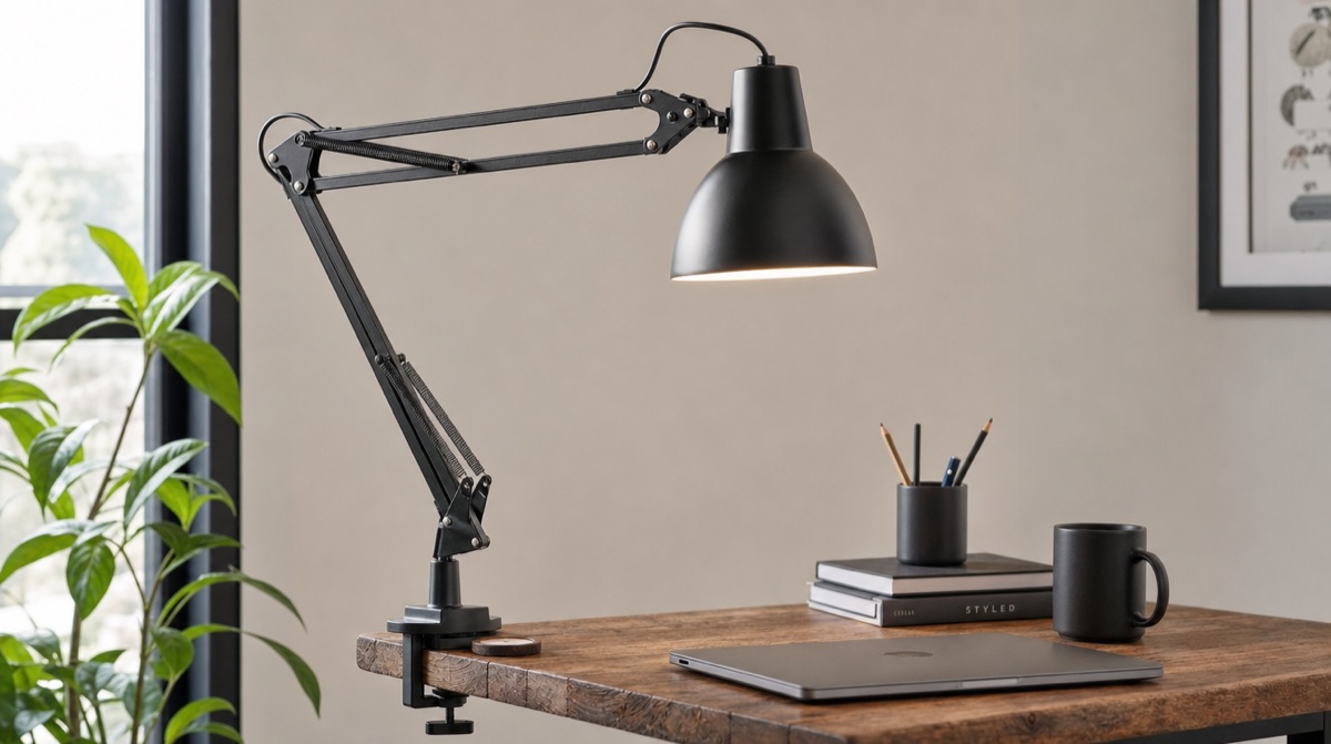 Schwarze Architekten-Schreibtischlampe mit Schwenkarm und Klemmhalterung