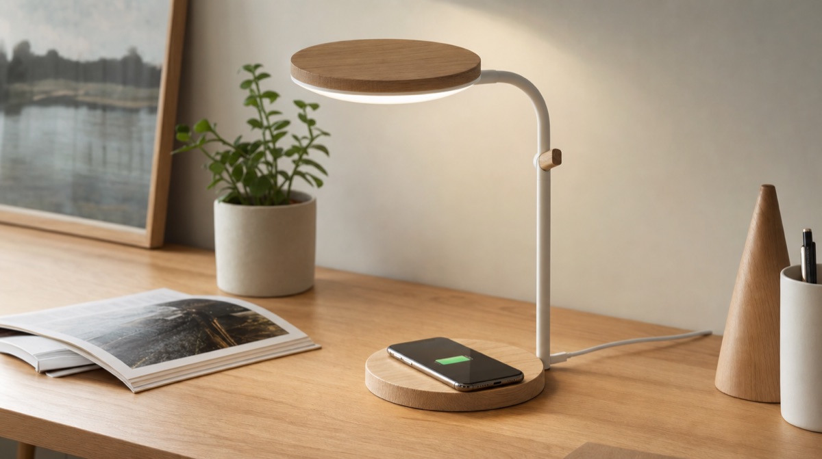 Skandinavische LED-Lampe mit Holzsockel und integriertem Wireless-Charging