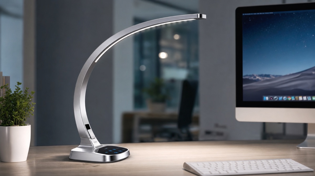 Elegante geschwungene LED-Schreibtischlampe aus Metall mit Touch-Bedienung