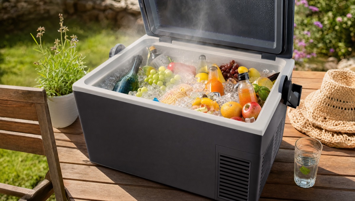 Geoeffnete Kuehlbox mit kalten Getraenken