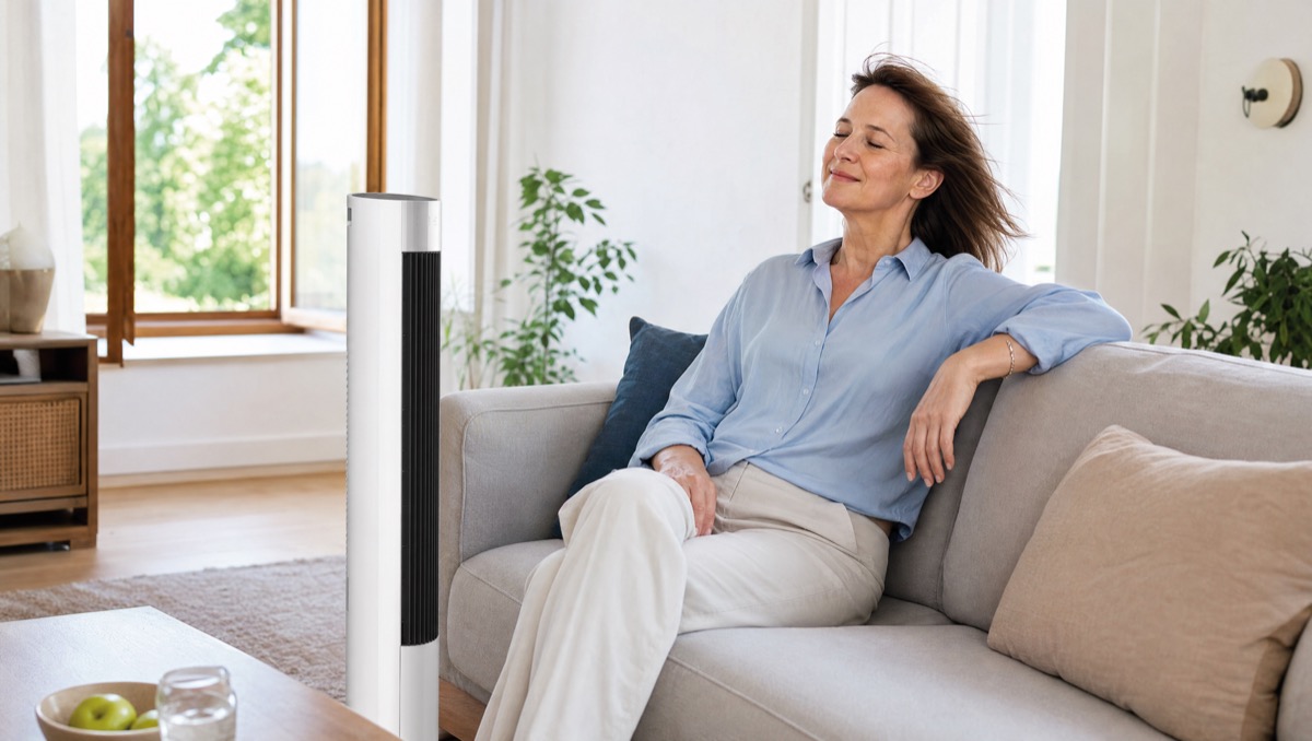 Frau geniesst die Brise eines Turmventilators