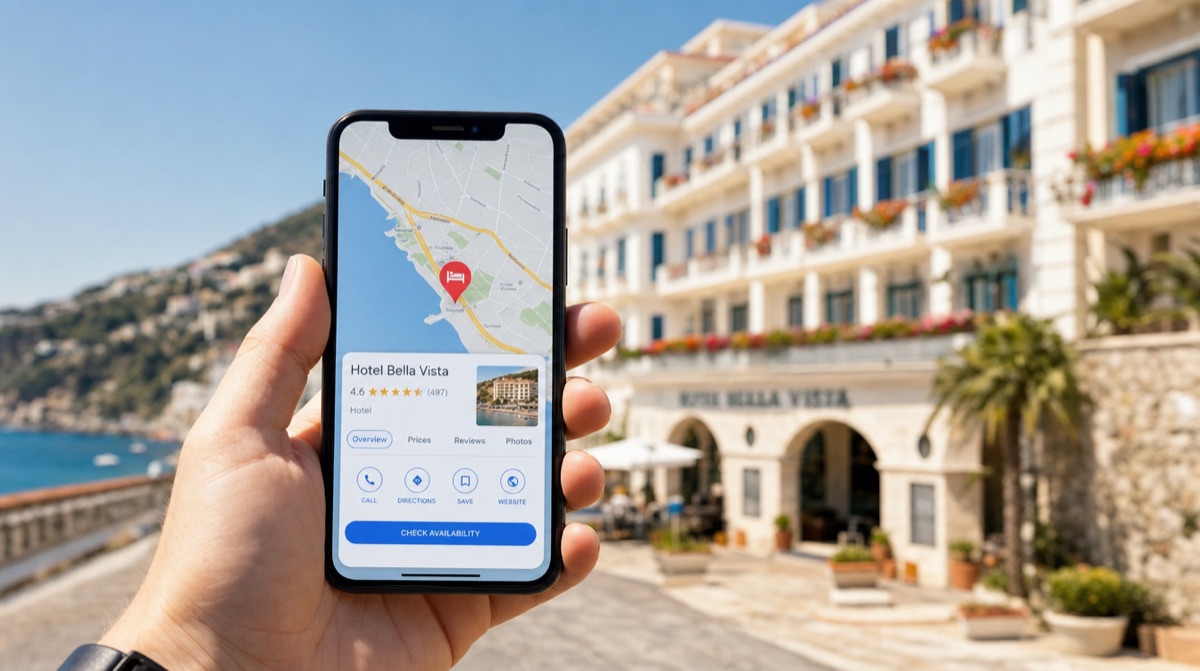 Smartphone mit Hotelbewertungen und Karte