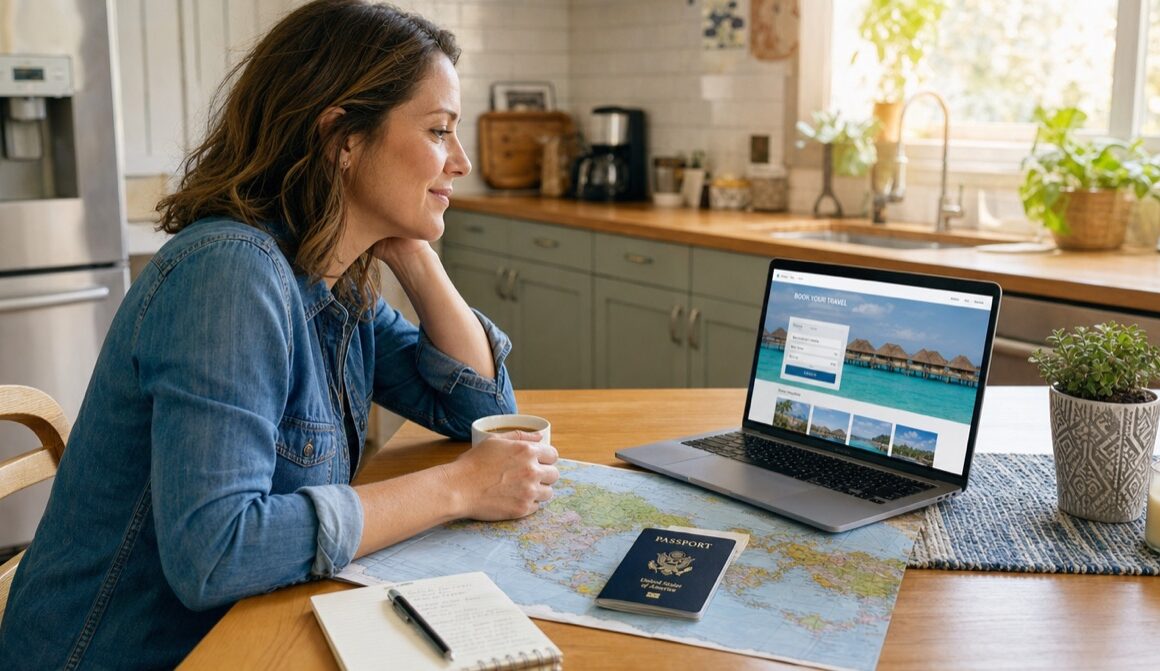 Frau plant zu Hause am Laptop ihre nächste Reisebuchung