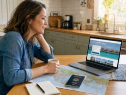 Frau plant zu Hause am Laptop ihre nächste Reisebuchung