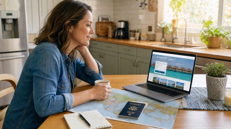 Frau plant zu Hause am Laptop ihre nächste Reisebuchung