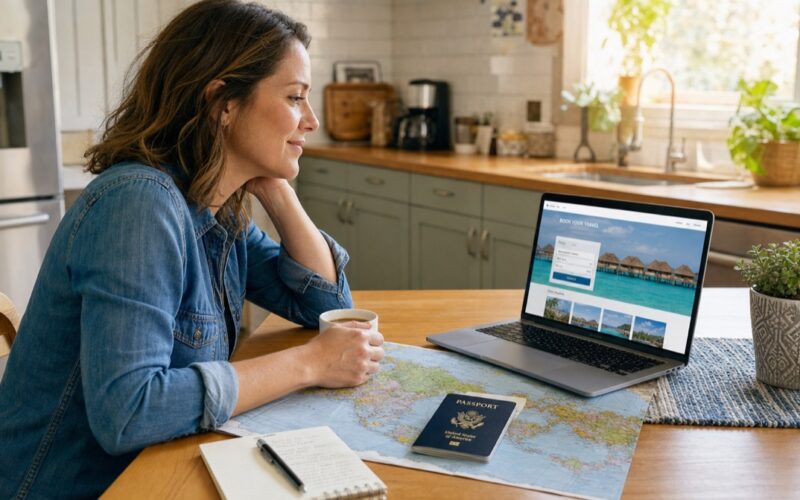 Frau plant zu Hause am Laptop ihre nächste Reisebuchung