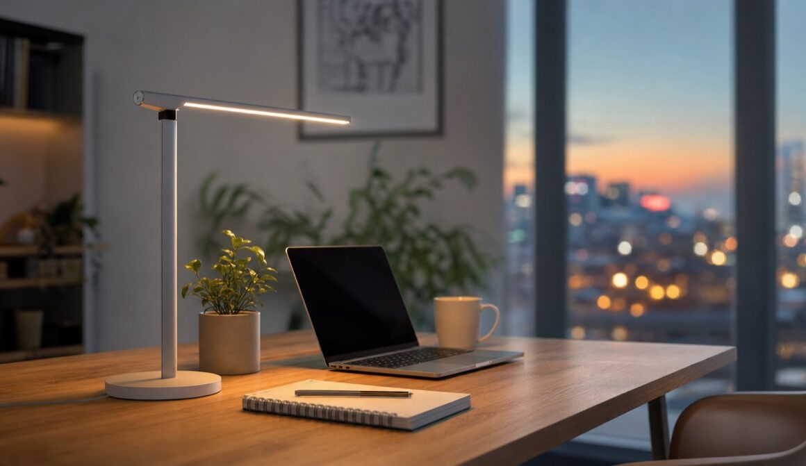 Moderne LED-Schreibtischlampe auf einem Homeoffice-Schreibtisch in der Abenddämmerung