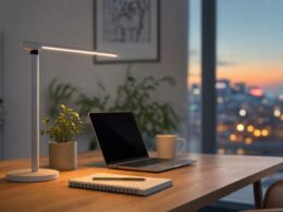 Moderne LED-Schreibtischlampe auf einem Homeoffice-Schreibtisch in der Abenddämmerung