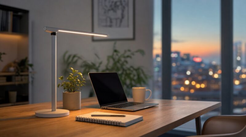 Moderne LED-Schreibtischlampe auf einem Homeoffice-Schreibtisch in der Abenddämmerung