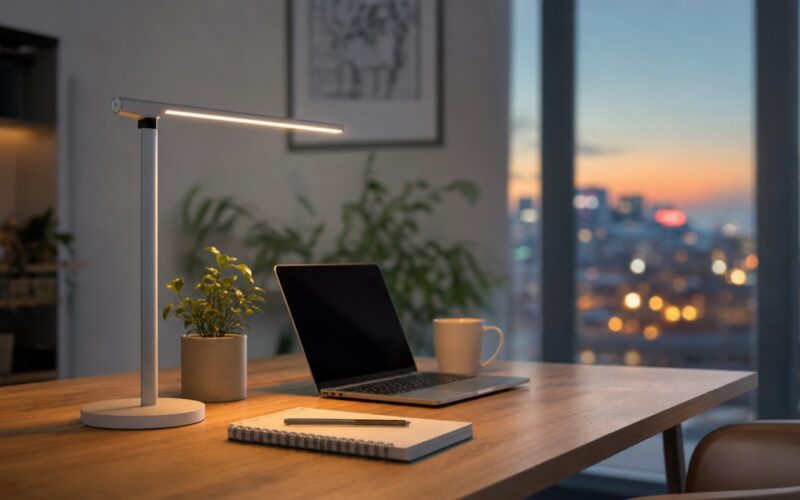 Moderne LED-Schreibtischlampe auf einem Homeoffice-Schreibtisch in der Abenddämmerung