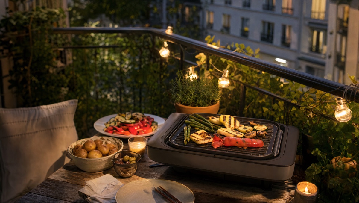 Kompakter Elektrogrill auf einem Stadtbalkon mit Gemüse