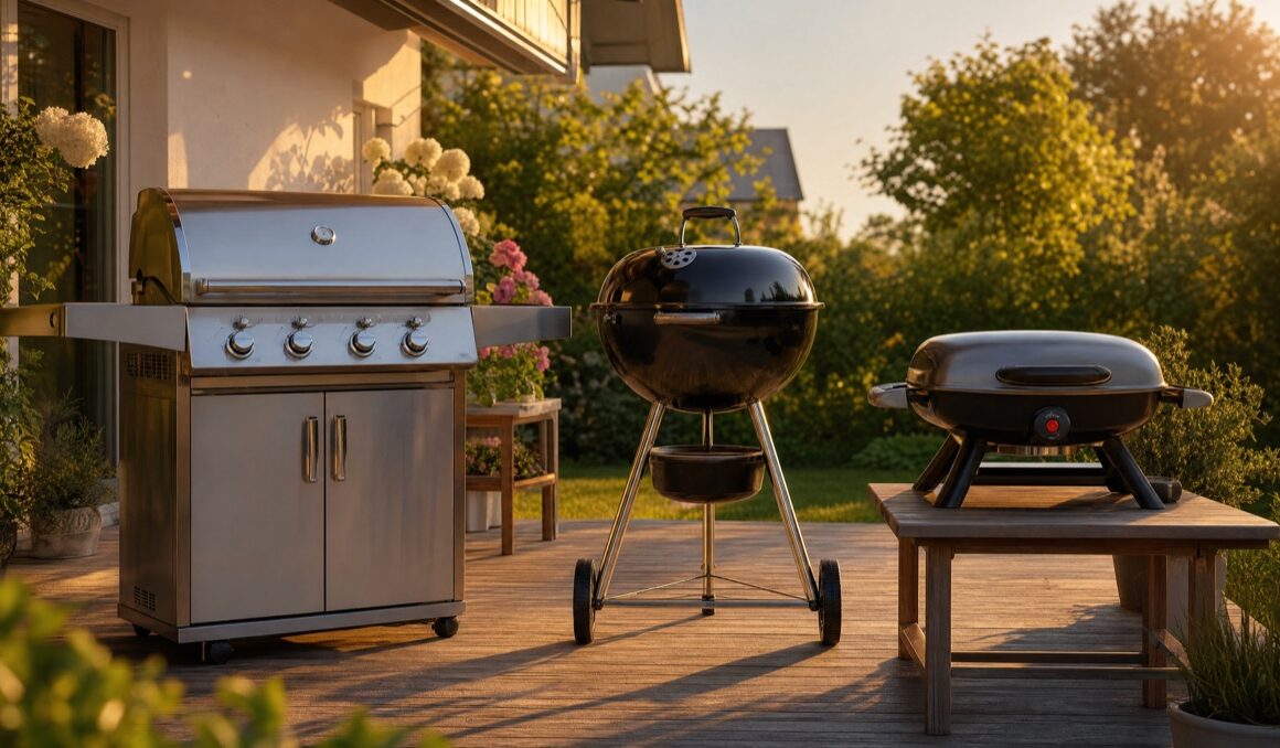 Gasgrill, Kohlegrill und Elektrogrill nebeneinander auf einer Terrasse