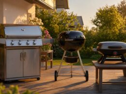 Gasgrill, Kohlegrill und Elektrogrill nebeneinander auf einer Terrasse