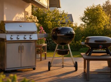 Gasgrill, Kohlegrill und Elektrogrill nebeneinander auf einer Terrasse