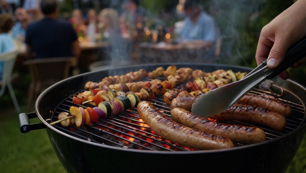 Glühende Kohlebriketts mit Bratwürsten auf dem Grillrost