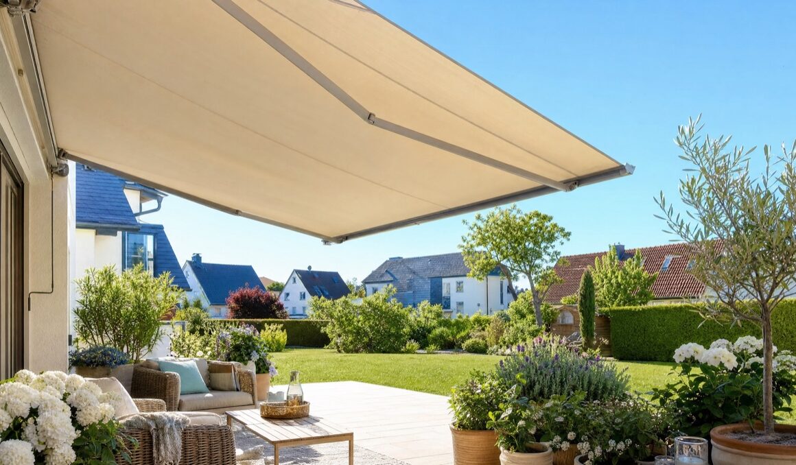 Terrasse mit großer heller Markise an einem sonnigen Sommertag