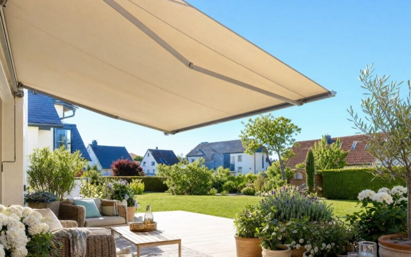 Terrasse mit großer heller Markise an einem sonnigen Sommertag