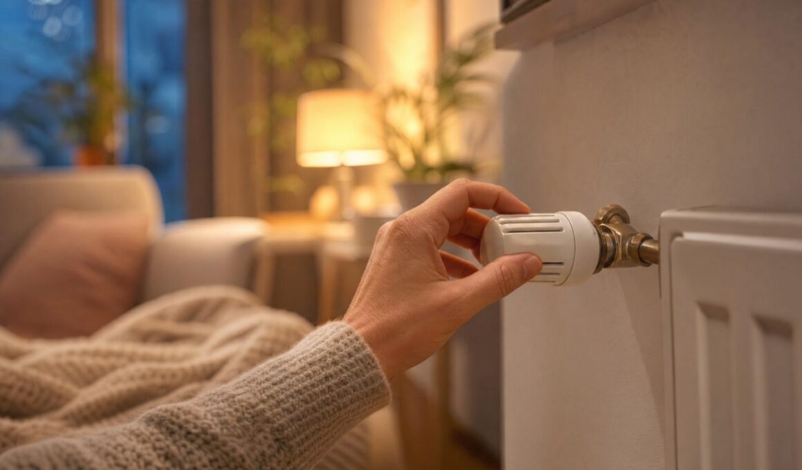 Hand dreht das Thermostatventil an einem Heizkoerper in einer gemuetlichen Wohnung