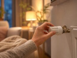 Hand dreht das Thermostatventil an einem Heizkoerper in einer gemuetlichen Wohnung