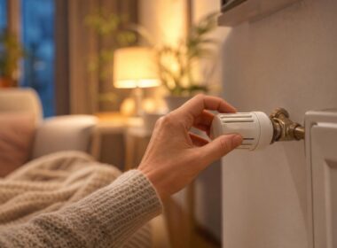 Hand dreht das Thermostatventil an einem Heizkoerper in einer gemuetlichen Wohnung