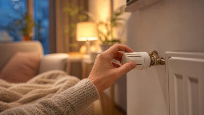 Hand dreht das Thermostatventil an einem Heizkoerper in einer gemuetlichen Wohnung