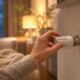Hand dreht das Thermostatventil an einem Heizkoerper in einer gemuetlichen Wohnung