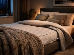 Gemuetliches Schlafzimmer mit Waermeunterbett an einem kalten Herbstabend