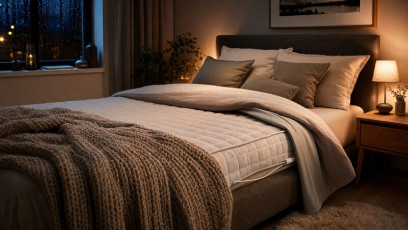Gemuetliches Schlafzimmer mit Waermeunterbett an einem kalten Herbstabend