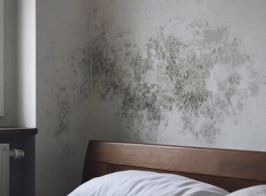 Schimmelbefall in der Zimmerecke hinter einem Bett