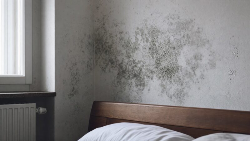 Schimmelbefall in der Zimmerecke hinter einem Bett
