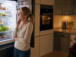 Frau steht abends vor dem geöffneten Kühlschrank in einer modernen Küche