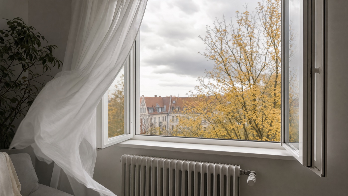 Weit geoeffnetes Fenster beim Stosslueften