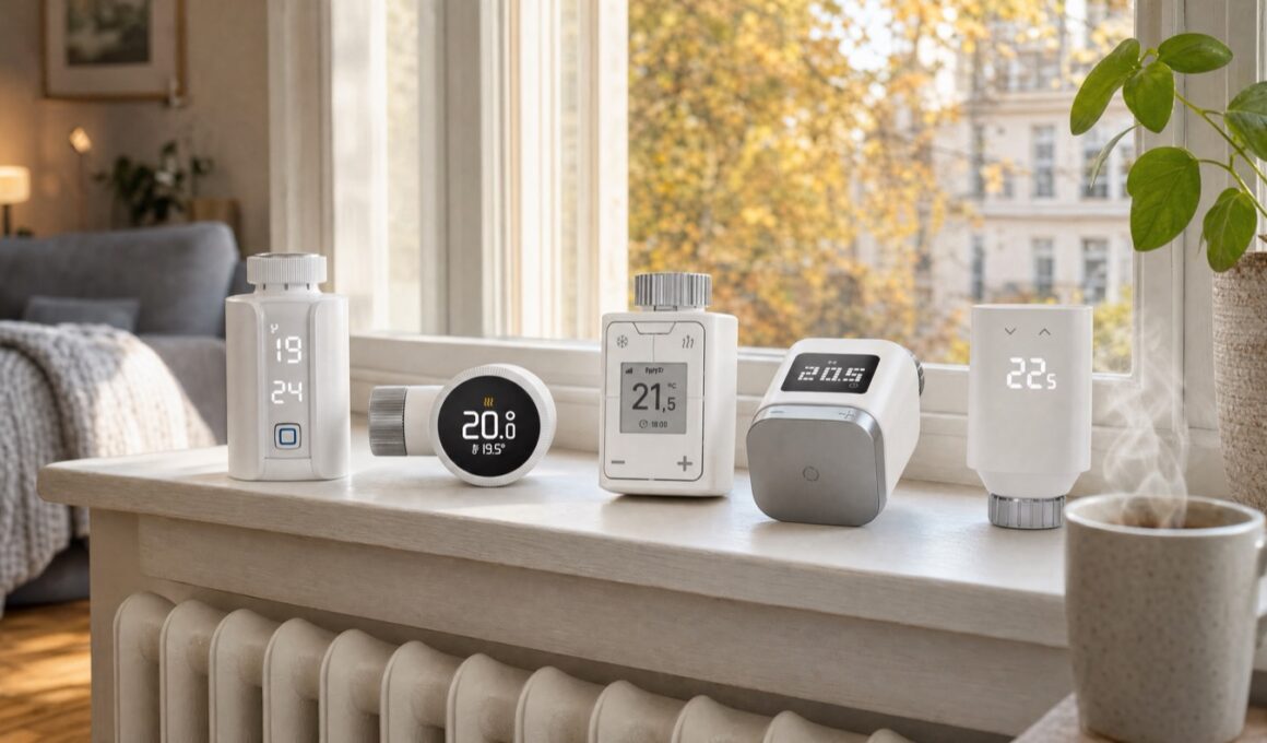 Fünf smarte Heizkörperthermostate von Homematic IP, tado, FRITZ!, Bosch und Eve nebeneinander auf einer Fensterbank über dem Heizkörper im herbstlichen Wohnzimmer